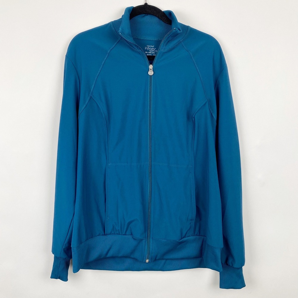 Cherokee Infinity 2391A Ribbed Trim Full Zip Scrub Jacket Womens 2XL Teal Blue